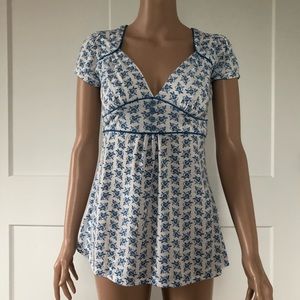 Coolwear White Medium Blue Floral Tunic Babydoll Puffy Sleeves Top XS Small